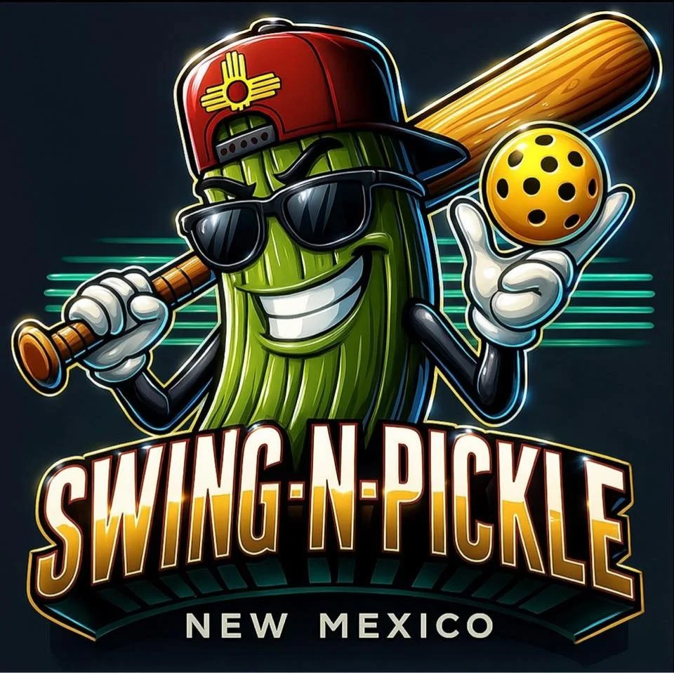 Cartoon cactus character wearing sunglasses and a red New Mexico hat, holding a baseball bat over its shoulder with a smile, and holding a softball in its hand. The text reads 'Swing-N-Pickle' and 'New Mexico'.