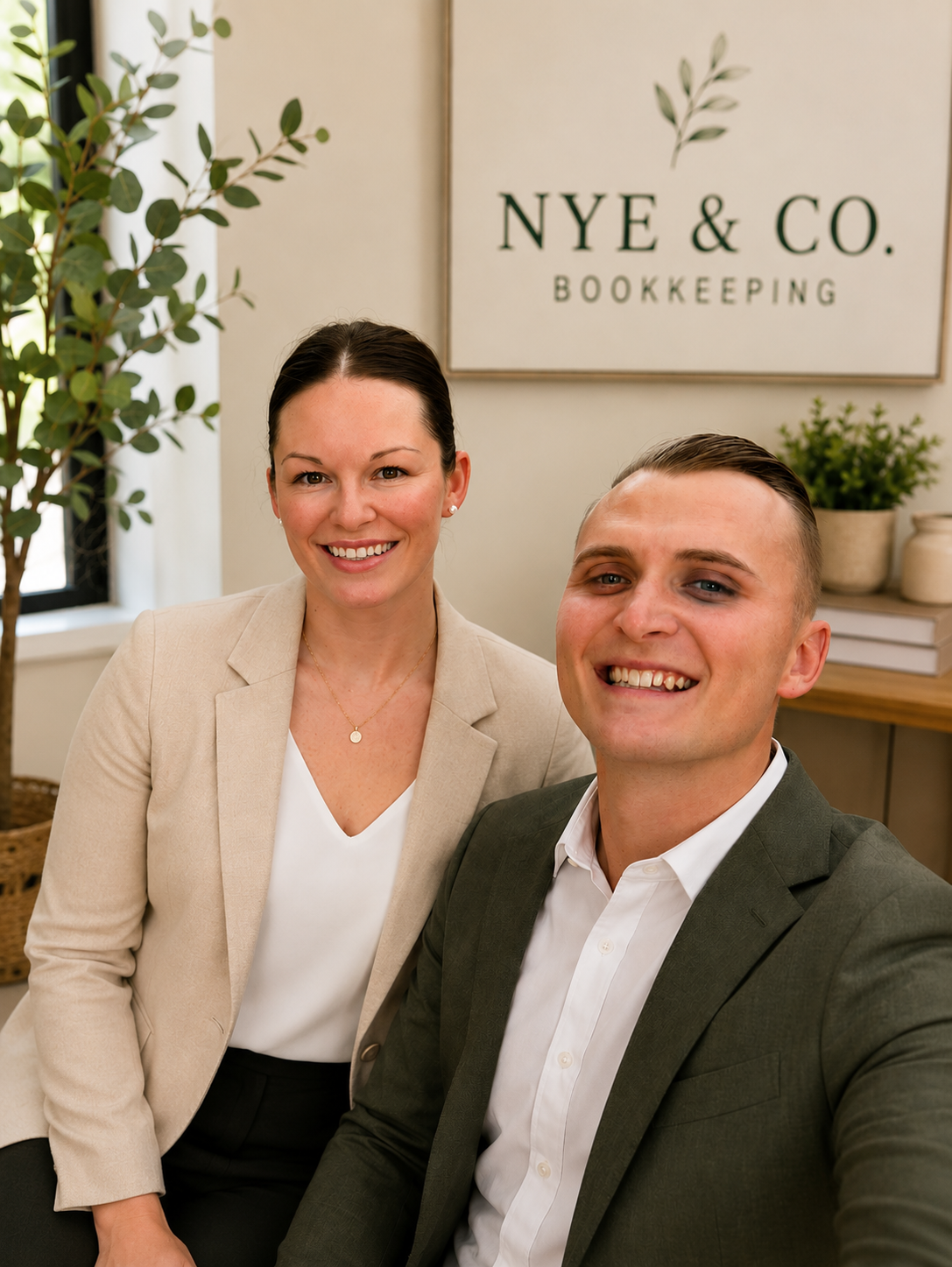 Two smiling professionals, a woman and a man, sitting indoors near a window with a big green plant, a sign that reads 'NYE & CO. BOOKKEEPING' on the wall, and a small table with potted plants in the background.