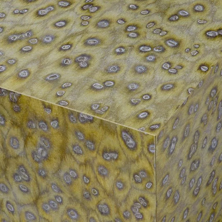 Close-up of a wooden surface with a yellowish and brownish finish showing circular patterns of knots and grain.