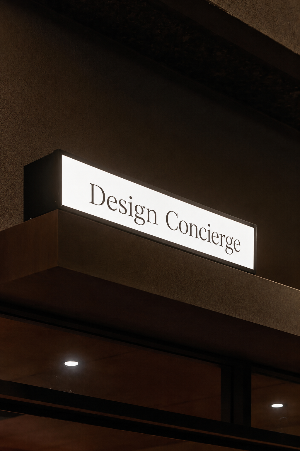 A sign reading 'Design Concierge' illuminated on a building exterior at night.