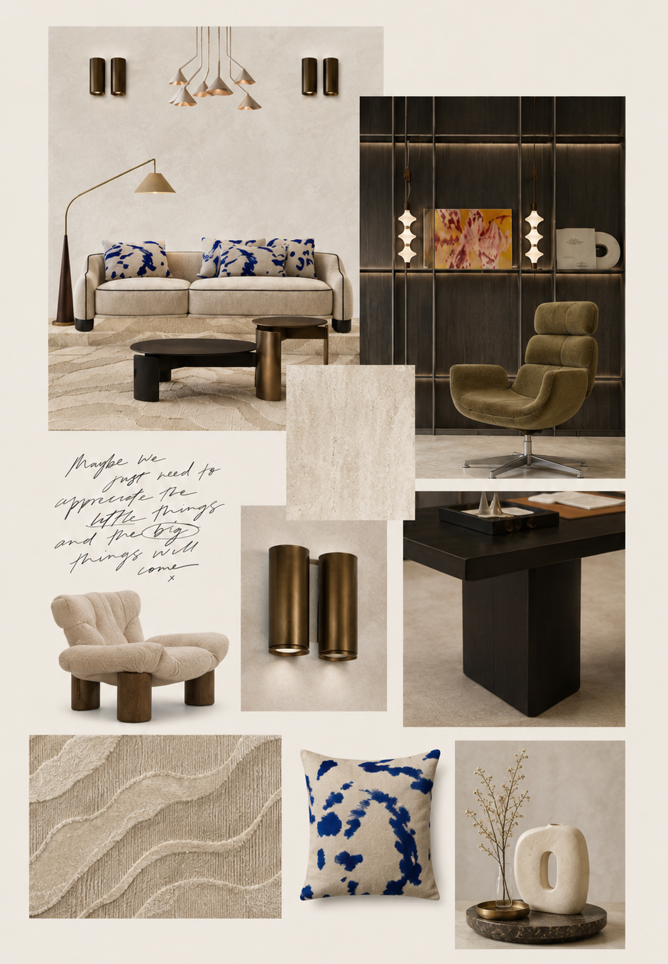 Interior design mood board featuring a neutral-toned living room with a beige sofa and blue patterned pillows, a modern beige armchair with wooden legs, a black coffee table, and a dark wood bookshelf with decorative items. The workspace area includes a green armchair, a black desk, and pendant lighting. Accessories include a textured rug, a beige fabric sample, a blue and beige patterned pillow, and a decorative vase with dried branches, all emphasizing neutral and earthy tones with gold accents.