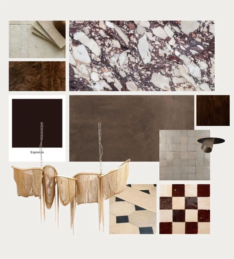 A collage of various interior design materials including tiles, marble, wood, and fabric samples, with a wooden sculptural light fixture.