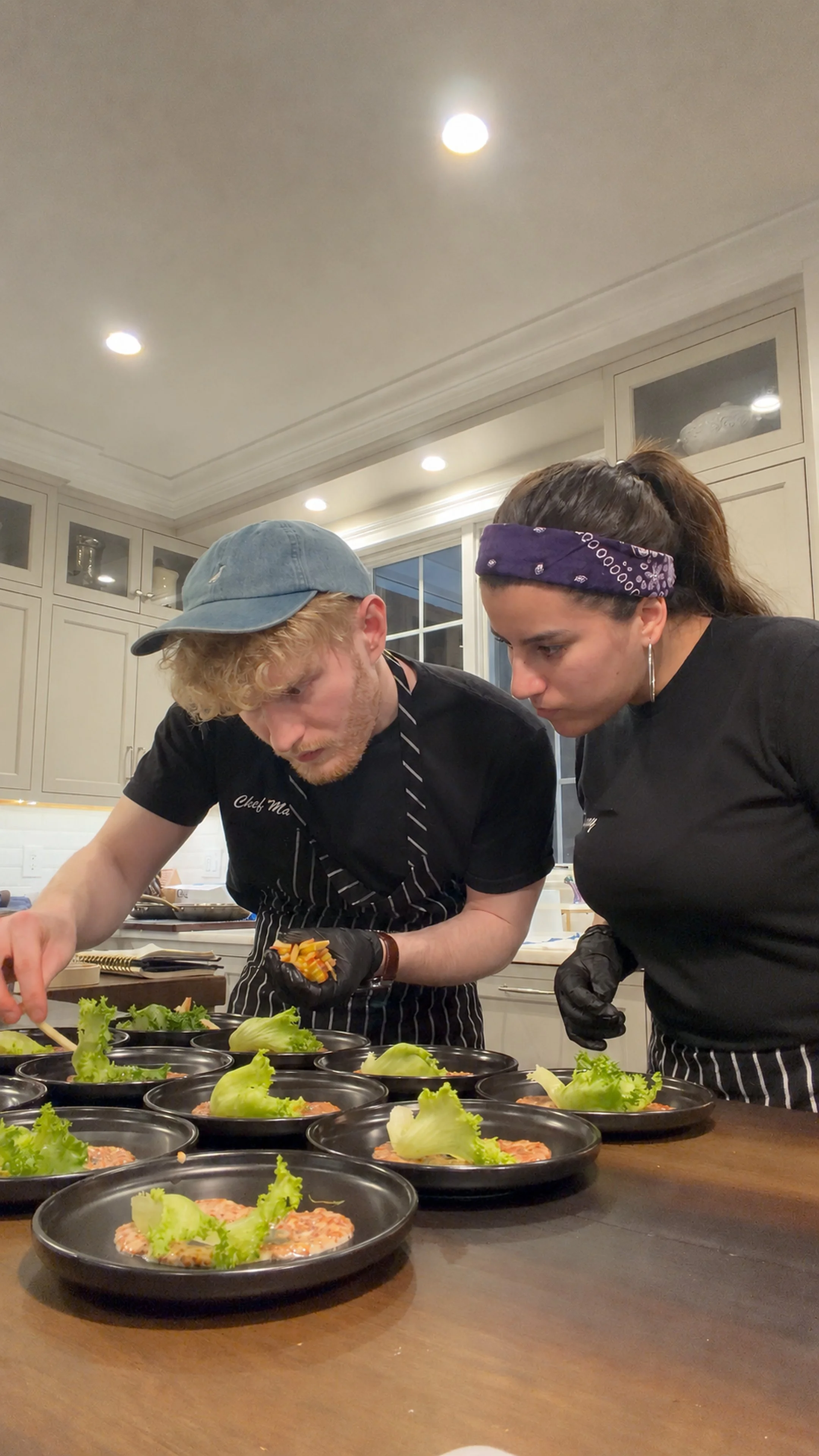 Two chefs, a man and a woman, preparing plates of food in a kitchen, with plates of salad and possibly salmon. They are focused on food presentation.