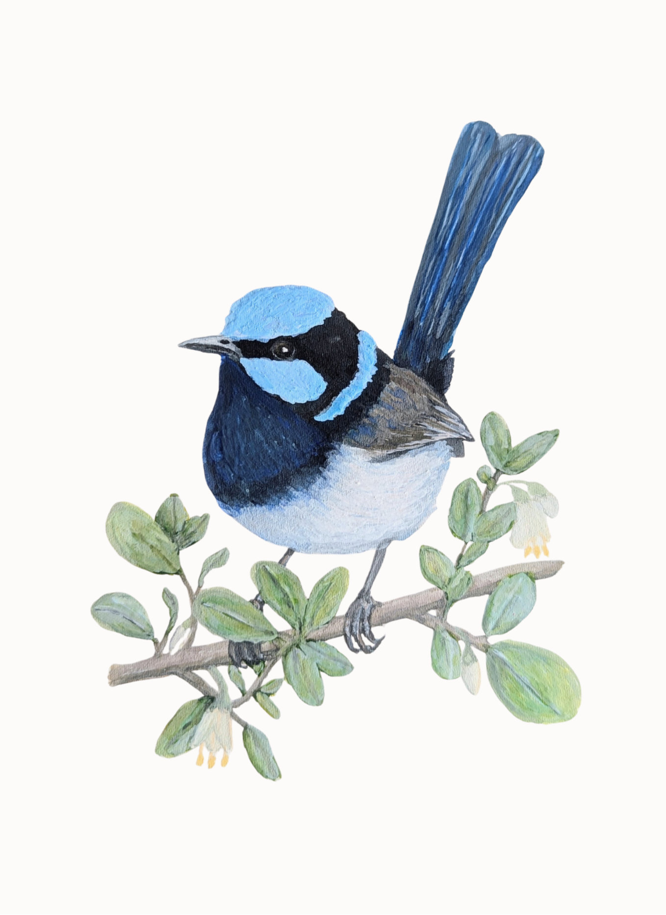 Watercolor painting of a blue and black bird perched on a branch with green leaves.