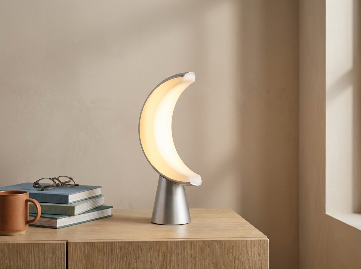 A moon-shaped lamp with a metallic base, placed on a wooden surface with a stack of books, a pair of glasses on top, and an orange mug beside them.