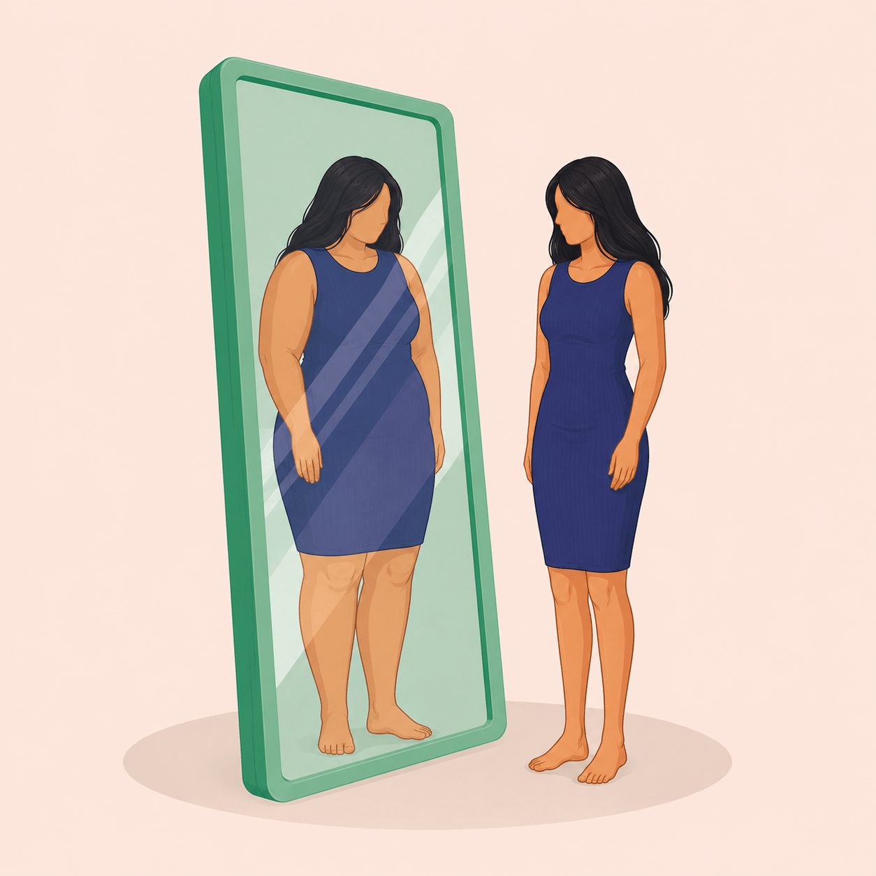 A woman in a blue dress looking at herself in a full-length mirror, showing her reflection.