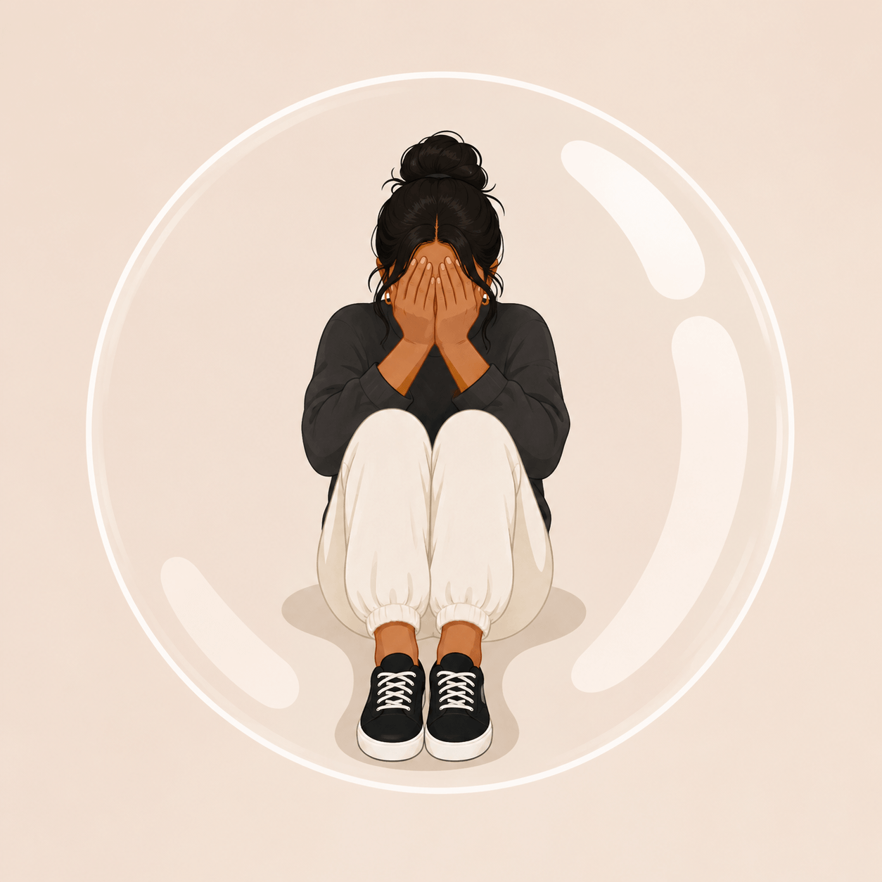 A woman sitting on the floor with her knees pulled up to her chest, covering her face with her hands, inside a large transparent capsule or bubble.