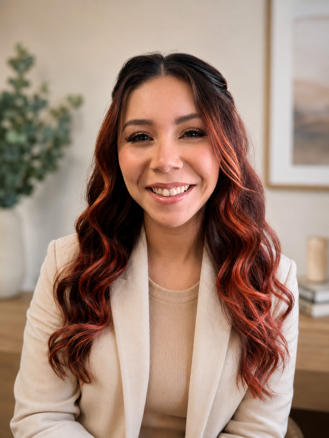 A woman with long, wavy red hair smiling at the camera, wearing a beige blazer and shirt, in a room with a plant and framed artwork in the background.