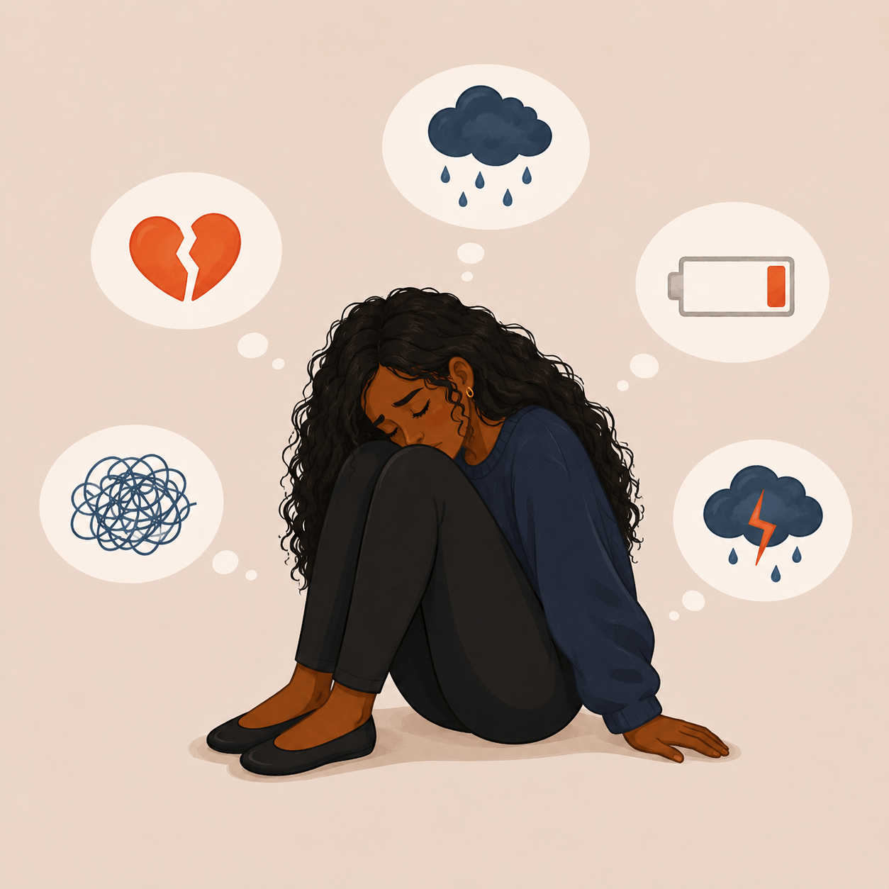 Illustration of a sad woman sitting with her knees drawn to her chest, surrounded by thought clouds of a broken heart, rain, stormy weather, low battery, and thunderstorms, indicating emotional distress and feeling overwhelmed.