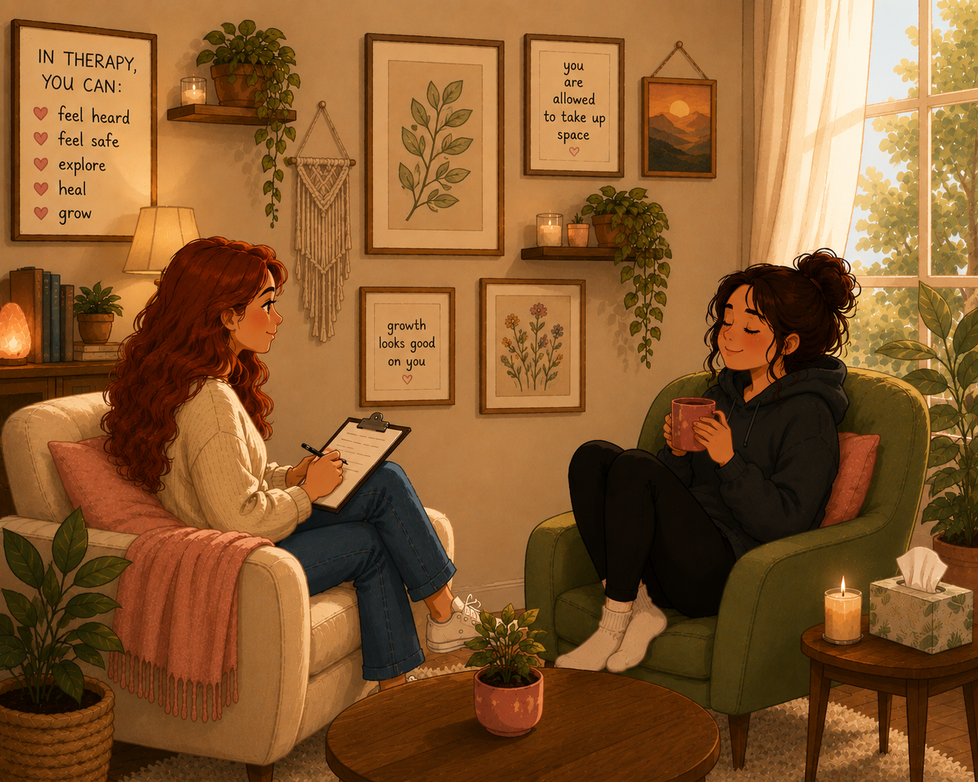 Two women sitting in a cozy, well-lit living room with plants, framed art, and candles. One woman has long red hair, a cream knit sweater, and is writing in a notebook. The other woman has dark hair in a bun, wearing a black hoodie, holding a mug, and smiling. Sunlight filters through a window with cream curtains.