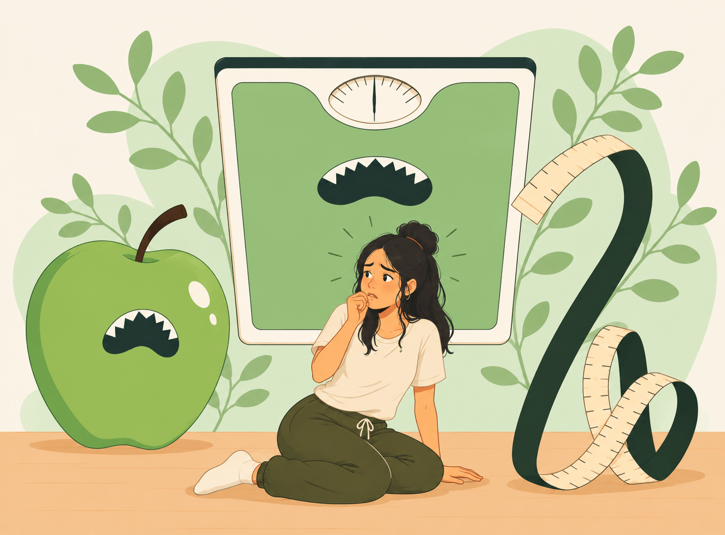 A girl sitting on the floor, looking worried, with a large green apple with a sad face and a larger weighing scale with a sad face in the background.