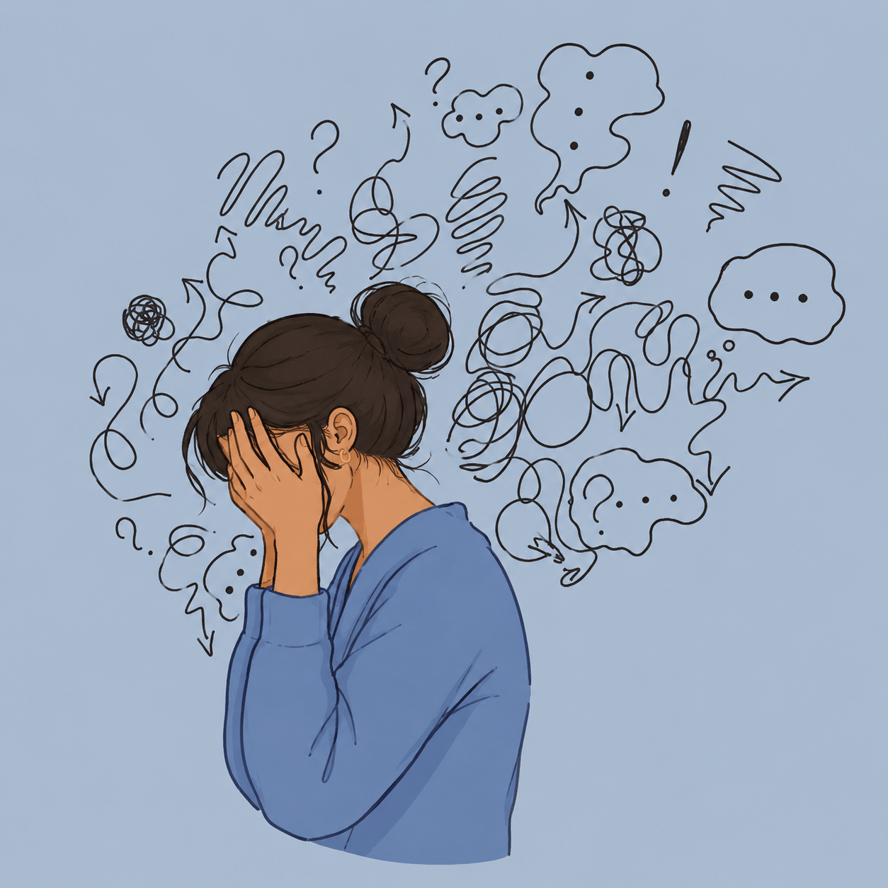A woman with dark hair in a bun wearing a blue hoodie, holding her face with her hands, surrounded by chaotic, scribbled thought bubbles and question marks, indicating she is overwhelmed or stressed.