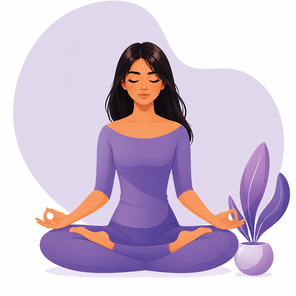 A woman with long black hair practicing meditation in a seated lotus position, wearing a purple outfit, on a purple background with a potted purple plant nearby.