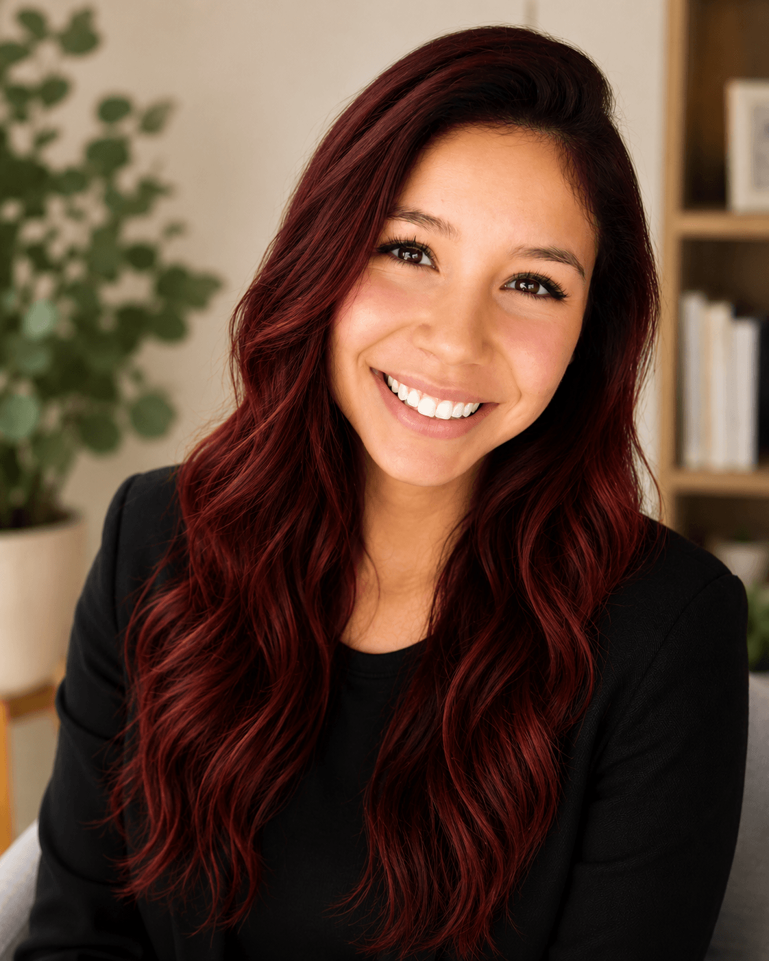 A woman with long, wavy red hair smiling at the camera in a cozy indoor setting with a plant and bookshelf in the background.