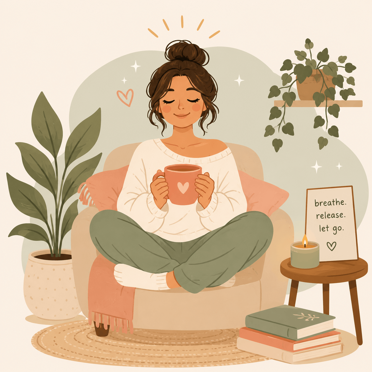 A woman sitting happily on a cozy chair, holding a mug with a heart on it, with a warm smile and closed eyes. The setting is relaxing, surrounded by houseplants, a small table with a lit candle and a sign that says 'breathe. release. let go.' with a heart symbol. There are books on the floor and soft decor around her.