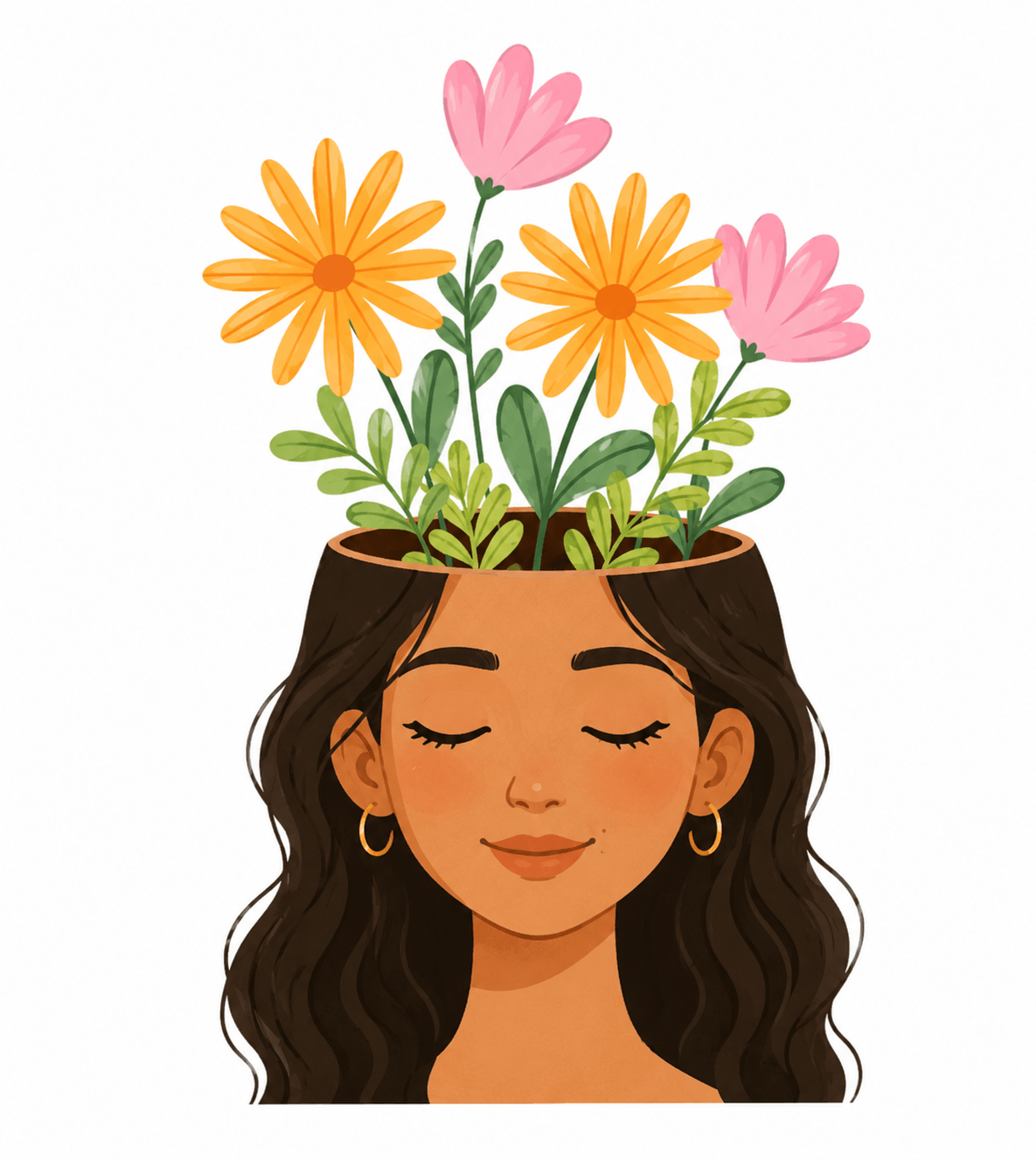 Illustration of a woman with closed eyes and long, wavy hair, with a plant with flowers growing from her head.