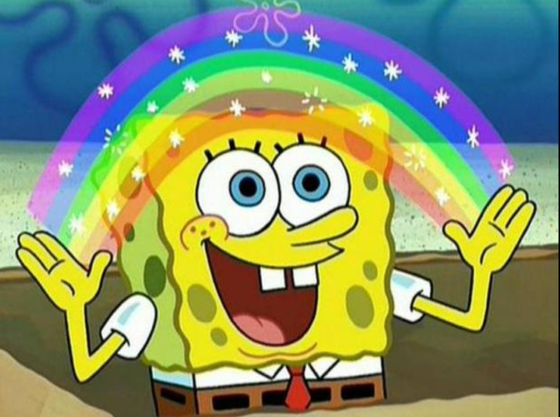 spongebob looking happy by creating rainbow
