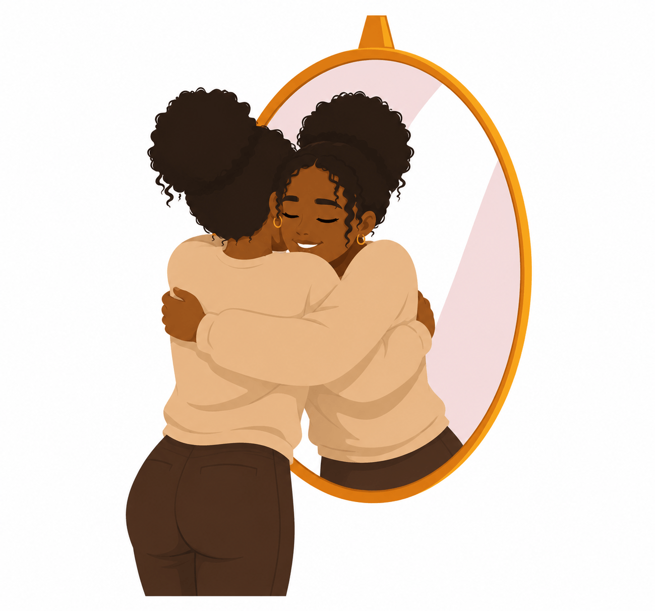 A woman hugging herself while looking into a mirror, smiling with eyes closed.
