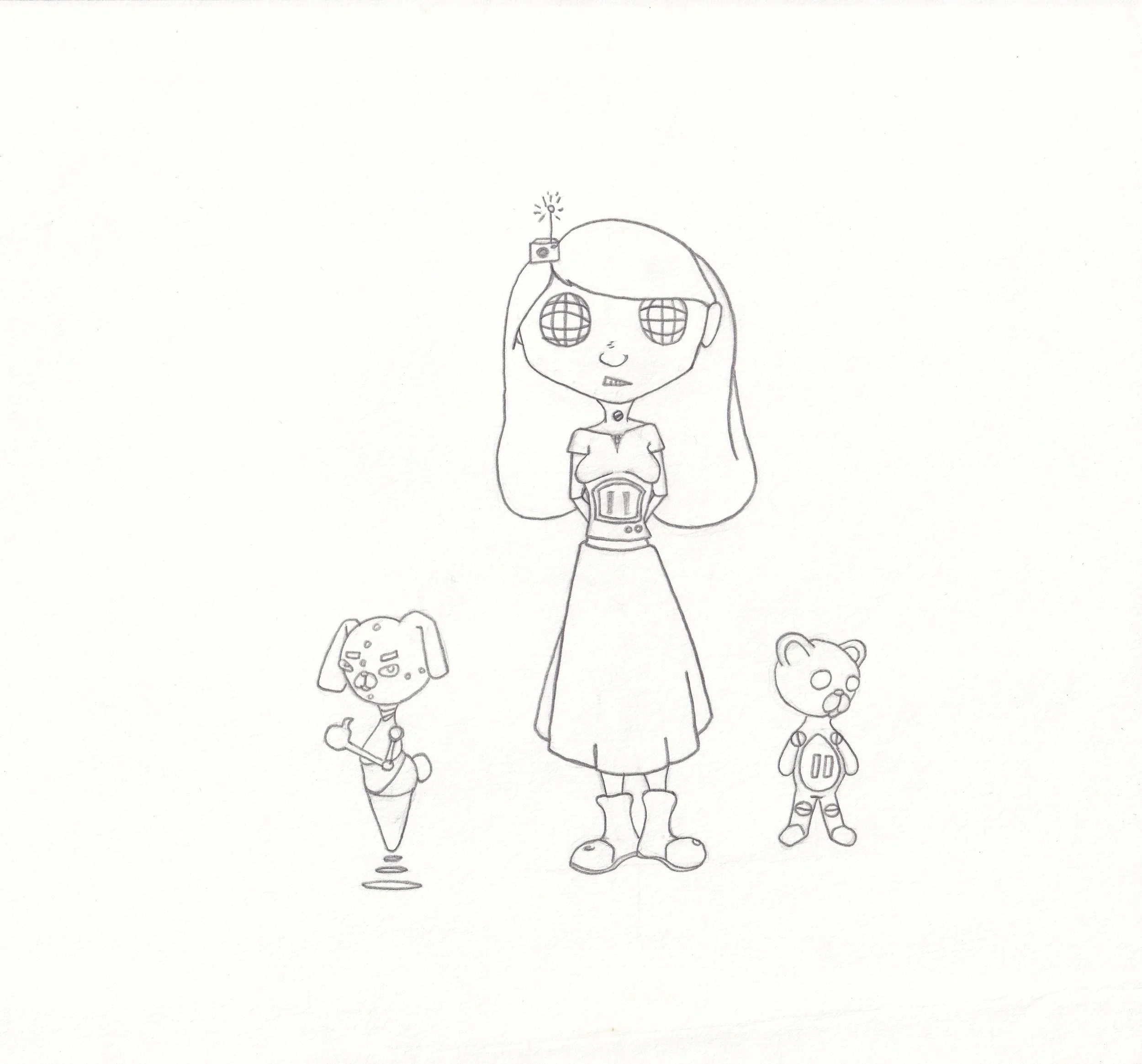 Robotic Girl and Stuffed Robots, 2017, Graphite Pencil on Paper