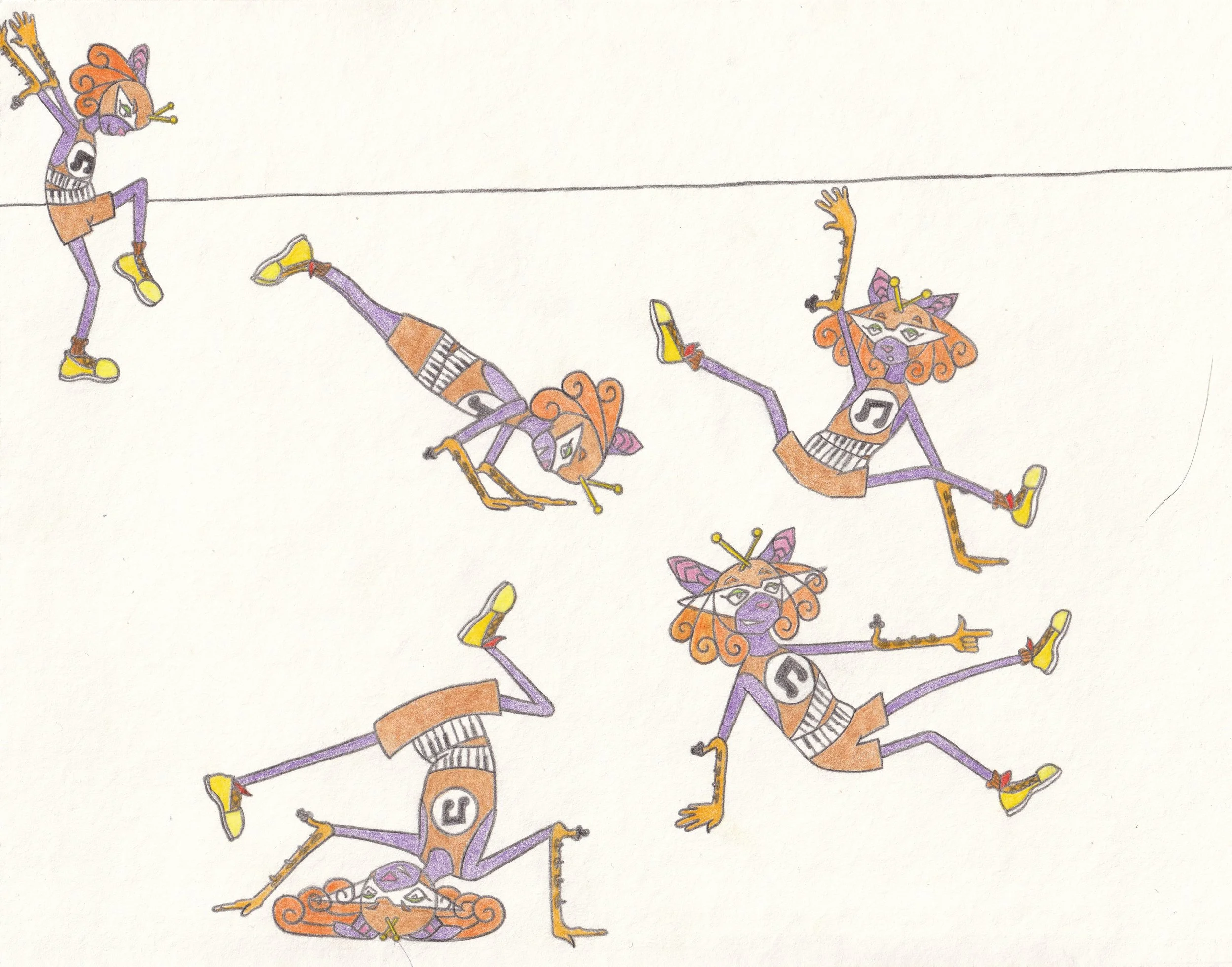 Darla Curly Breakdancing, 2024, Colored Pencil on Paper - 8.5 x 11 in