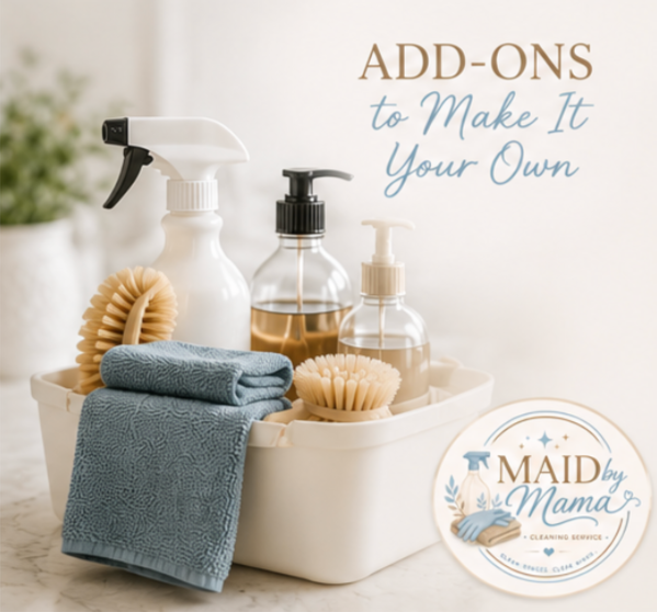 Cleaning supplies including spray bottles, a brush, and cloths in a white container with text about add-ons for cleaning.