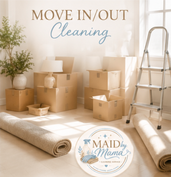 Room with moving boxes, a ladder, a rolled-up carpet, a potted plant, and natural light, related to cleaning services.
