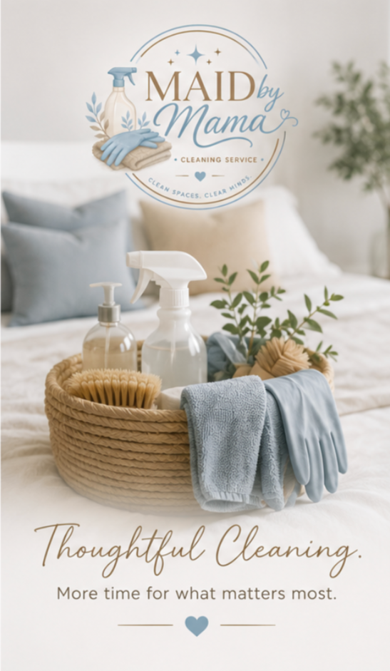 A promotional flyer for MAID by Mama, a cleaning service. The flyer features cleaning supplies, including spray bottles, gloves, a scrub brush, and towels, arranged in a woven basket on a bed with pillows. There is a logo with a spray bottle, gloves, and sparkle icons at the top, and the text "Thoughtful Cleaning. More time for what matters most." at the bottom.