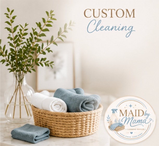 A basket of neatly rolled towels in white, blue, and gray, with a vase of green foliage in the background, and text reading 'Custom Cleaning' and a logo for 'Maid by Mama Cleaning Service' on a clean, light-colored surface.