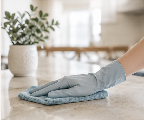 A person wearing a blue cleaning glove wiping a beige kitchen countertop with a blue cloth, with a potted plant in the background.