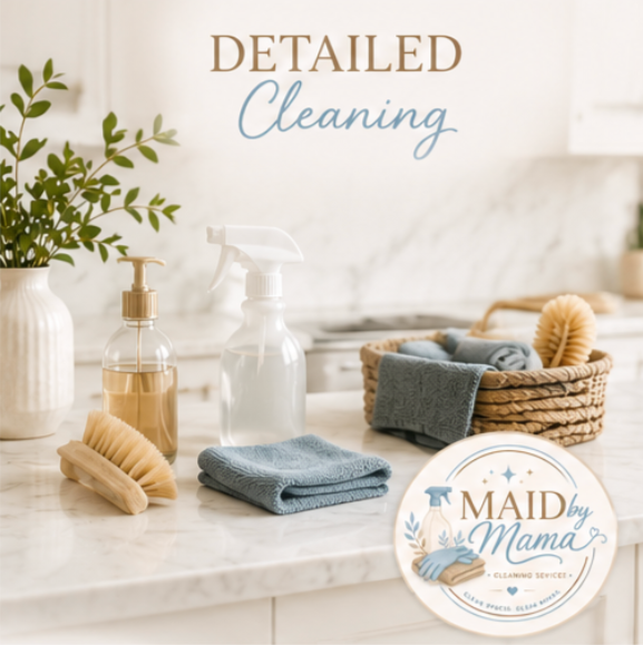 Cleaning supplies and tools on a kitchen countertop, including spray bottles, scrub brushes, cloths, and a basket, with a plant nearby. The sign reads 'Detailed Cleaning' and the logo says 'Maid by Mama'.