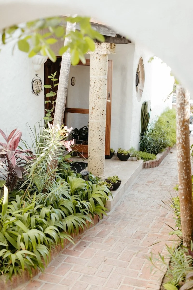 A quaint outdoor pathway next to a white stucco house with potted plants and greenery, brick flooring, and a small window.