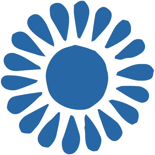 Stylized blue floral or sunburst pattern with a central circle surrounded by elongated petal-like shapes.