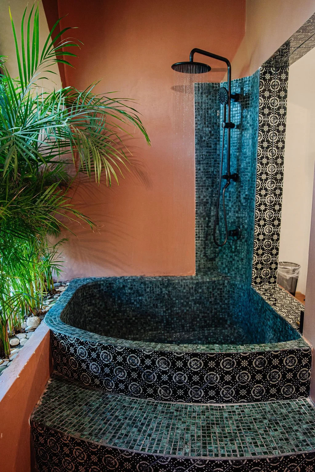 Indoor shower with black mosaic tiles, a black bathtub with decorative tiles, a pink wall, green plants, and patterned black and white accents.
