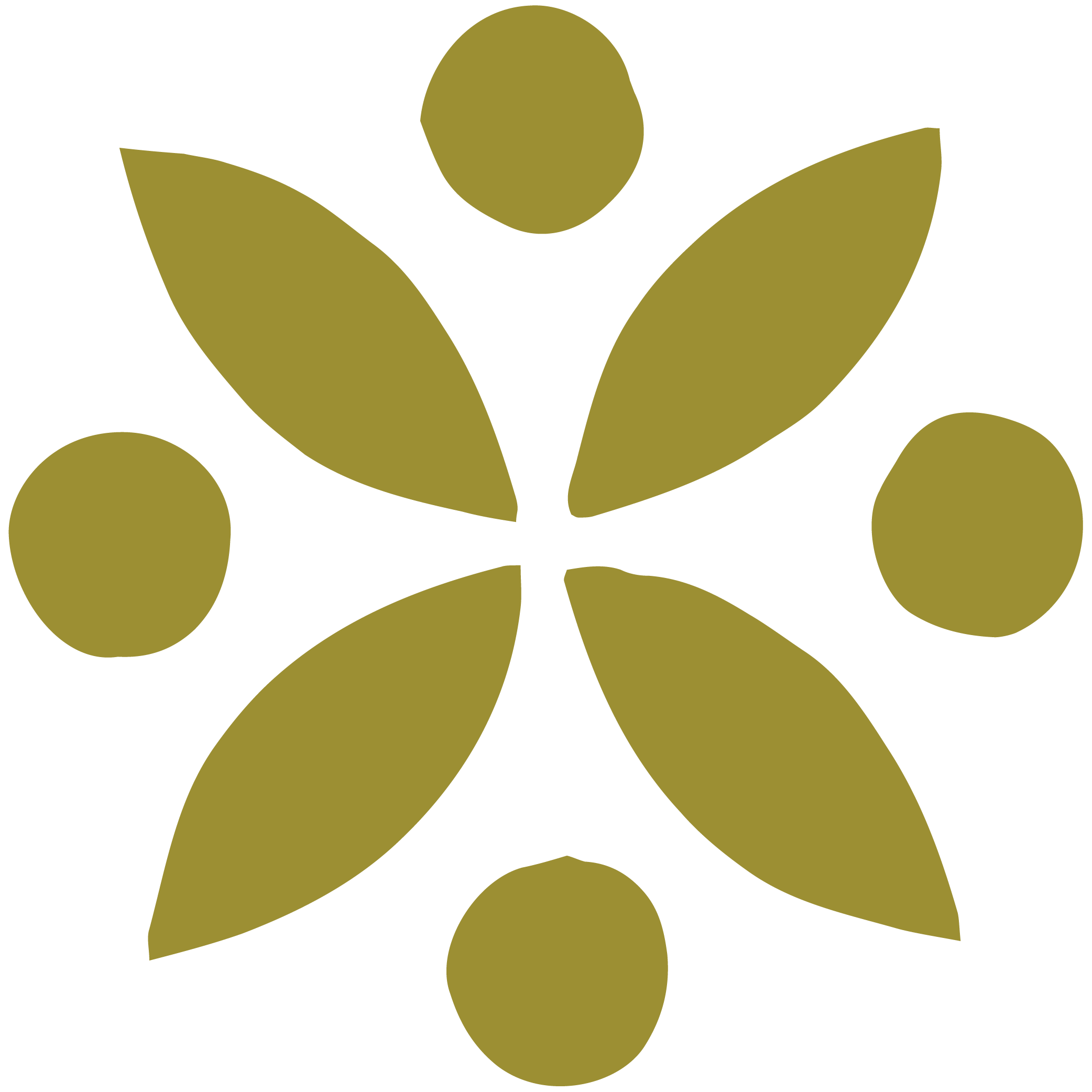 Stylized gold-green floral or botanical design with symmetrical leaves and oval shapes on a black background.