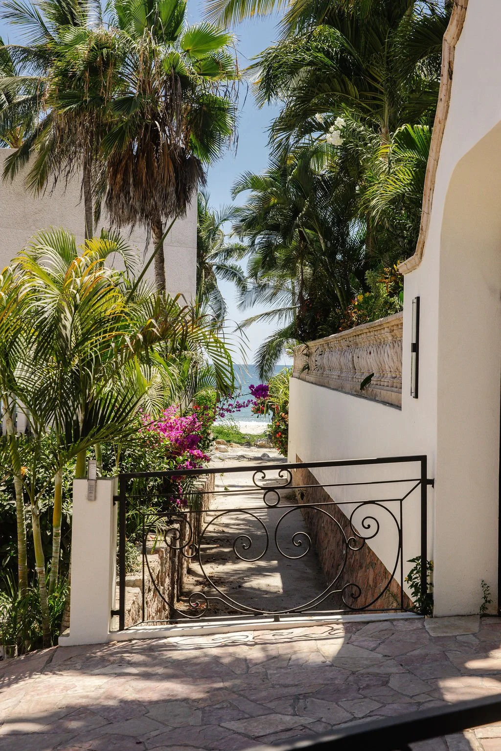 Pathway through lush tropical plants leading to the beach with visible ocean and sky in the background.