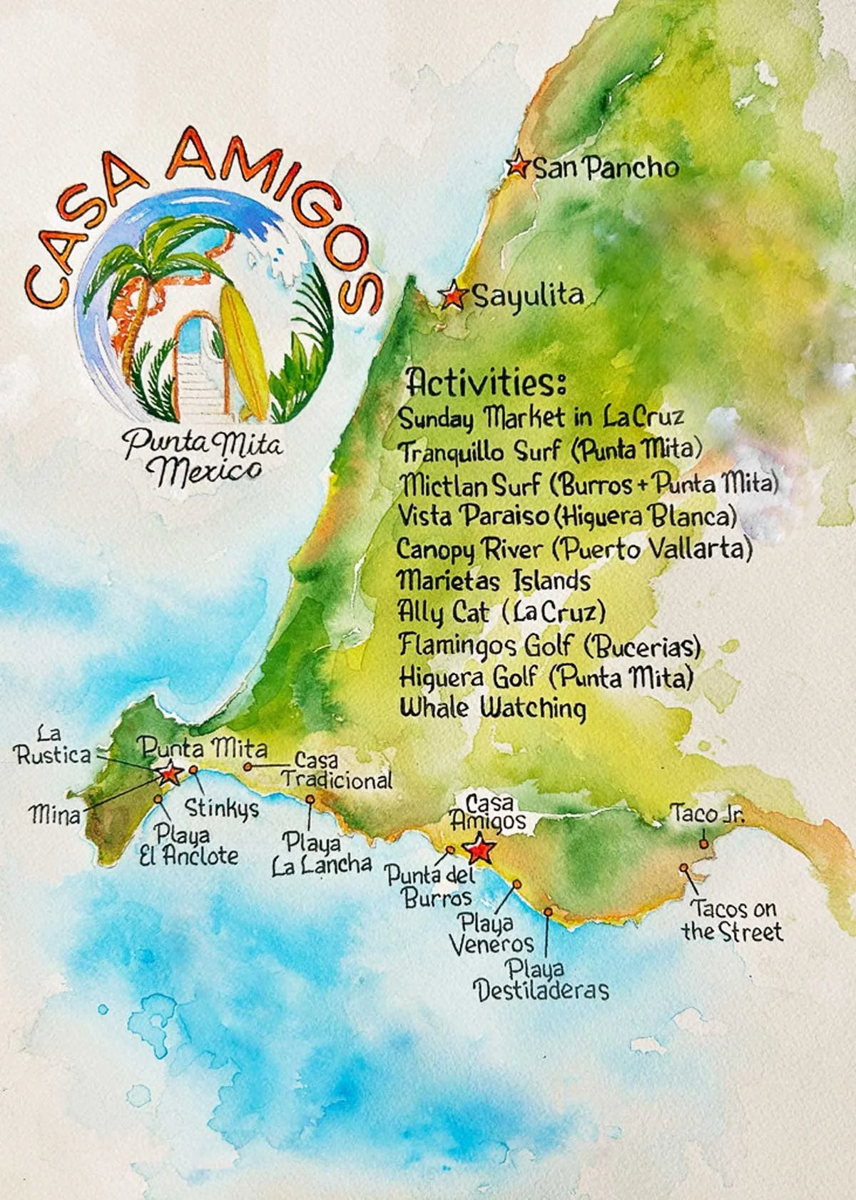 Map of Punta Mita, Mexico, showing local activities like market visits, surfing, golf, whale watching, and various beaches and towns.