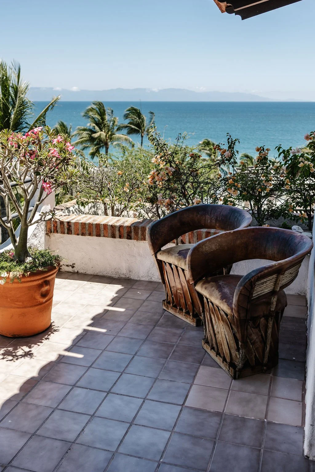 View of a balcony with two wooden chairs and a large potted plant, overlooking palm trees and the ocean with a mountain range in the distance.