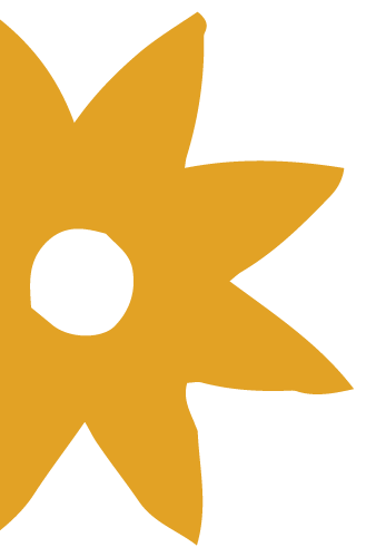 Stylized yellow flower with black center and five petals.