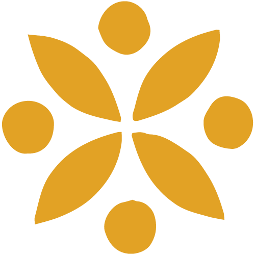 Gold and black emblem featuring a central flower-like design with six leaf shapes and six circular shapes.
