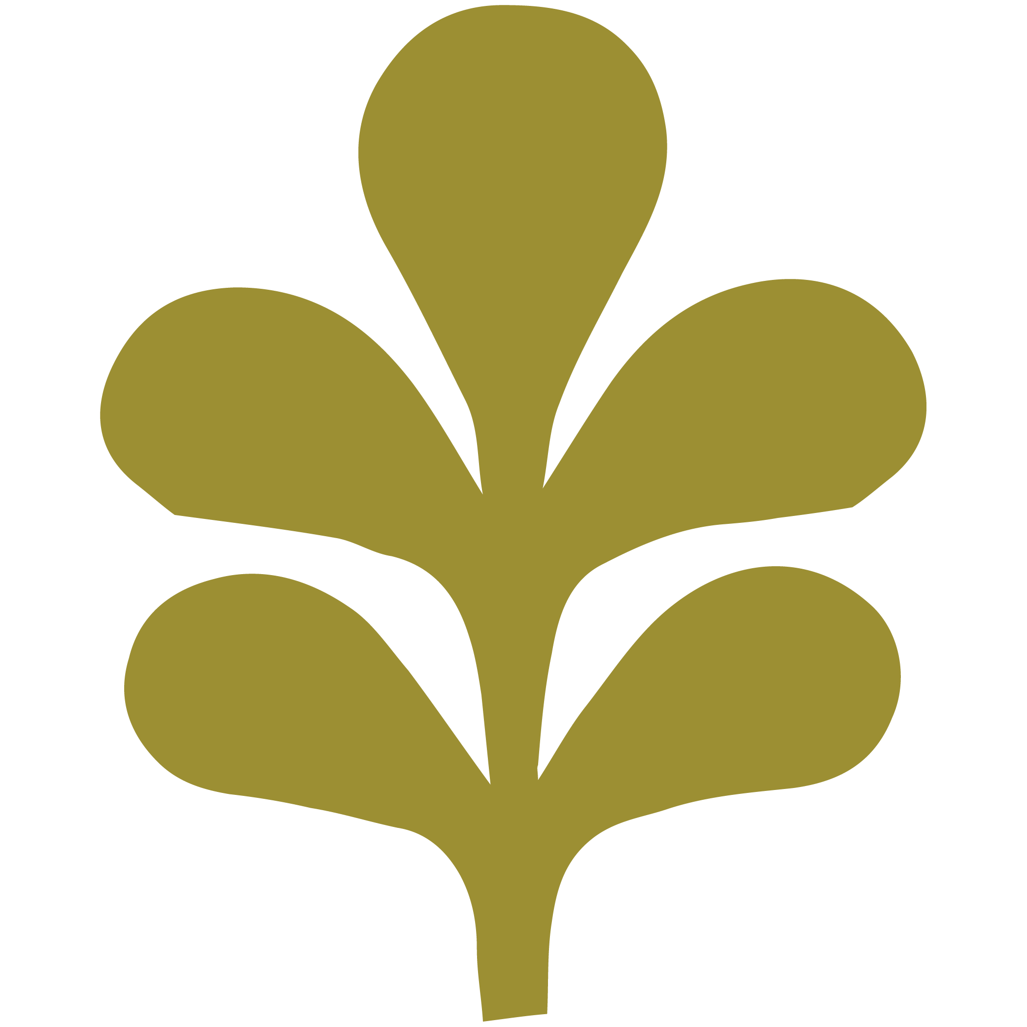 A graphic design of olive green abstract flowers with thick petals and a lowercase letter 'a' shape in the center.
