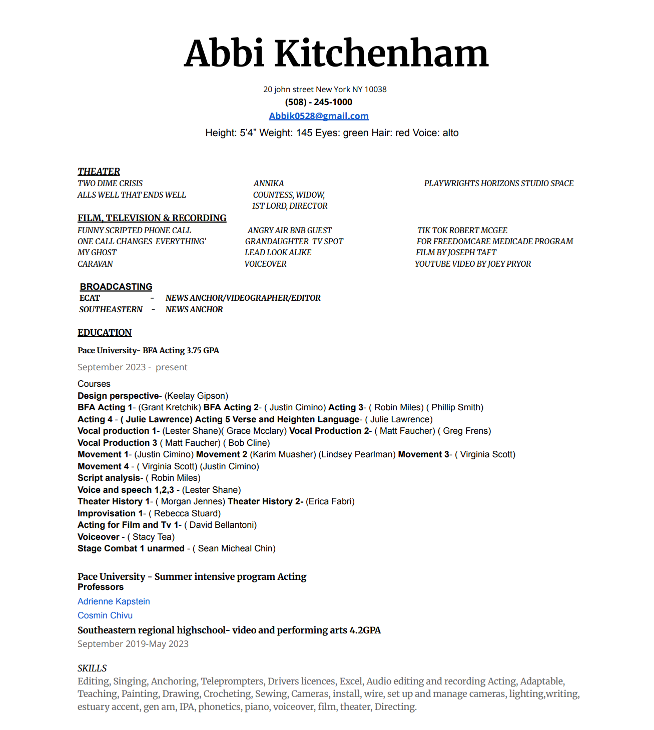 A resume page for Abbi Kitchenham listing contact information, skills, education, acting and production courses, and regional high school information.
