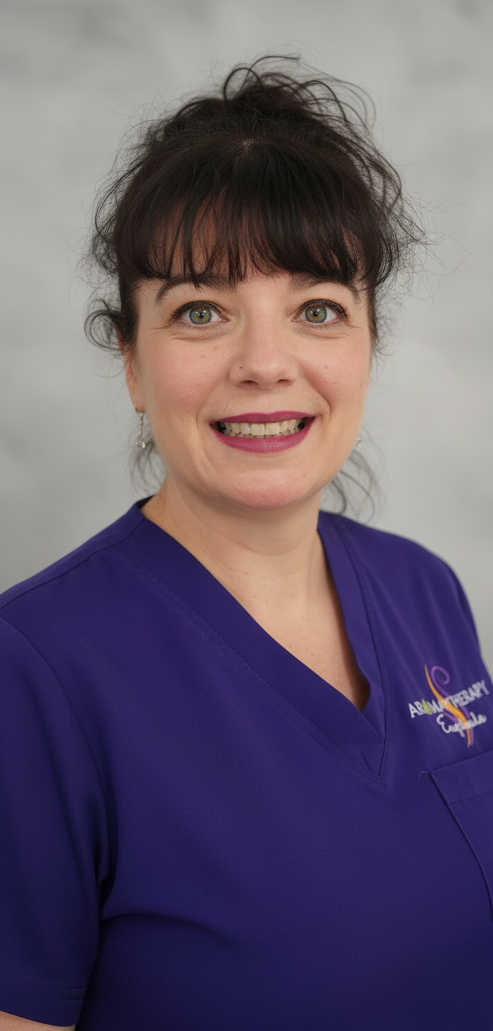 Photograph of a woman with dark hair, green eyes, and light skin, smiling, wearing purple medical scrubs with a logo.
