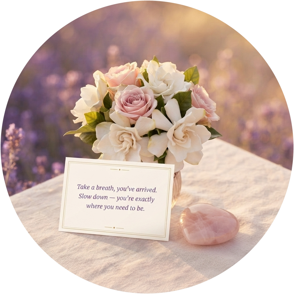 A bouquet of pink and white roses with green leaves, a pink heart-shaped stone, and a card with an inspirational quote on a tablecloth, with purple flowers in the background.