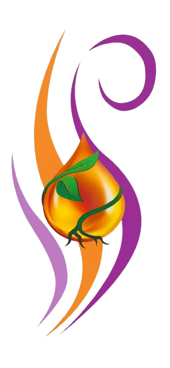 A stylized illustration of a pear with green leaves, surrounded by abstract purple and orange swirling lines.