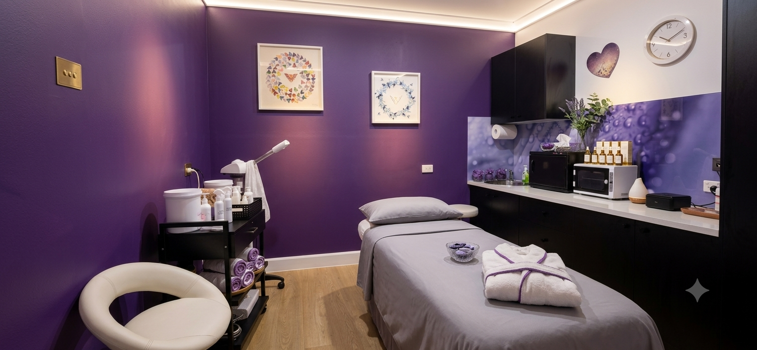 A massage room with purple walls and wooden floors, featuring a massage bed with folded towels, framed artwork on the wall, a clock, and various wellness products and equipment on cabinets and carts.