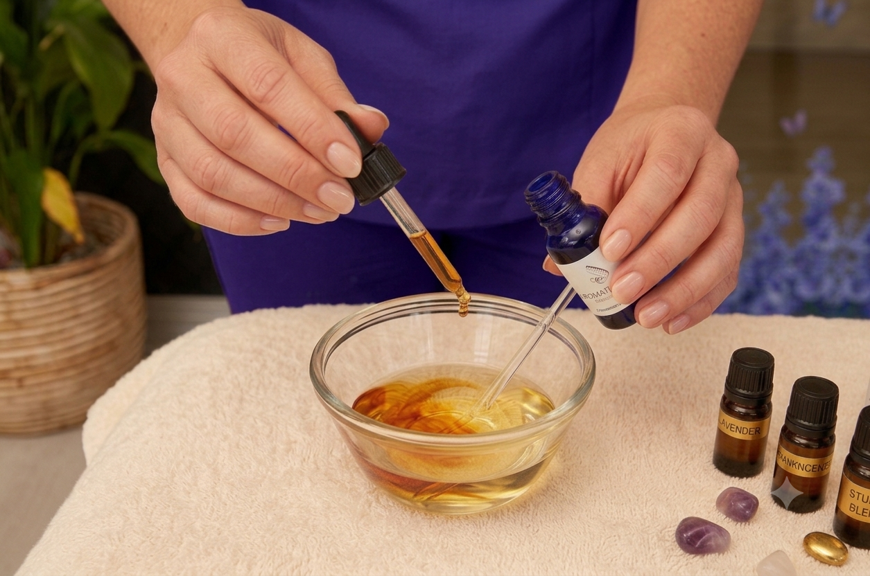 Person adding drops of essential oils from small bottles into a glass bowl with a clear liquid on a fabric-covered surface.