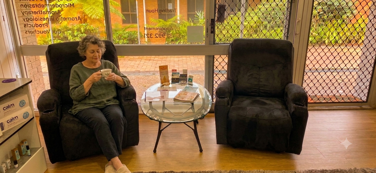 A woman sitting in a black armchair holding a mug, with another empty armchair beside her, a glass coffee table with brochures and flyers, and large windows showing outdoor plants and a brick path.