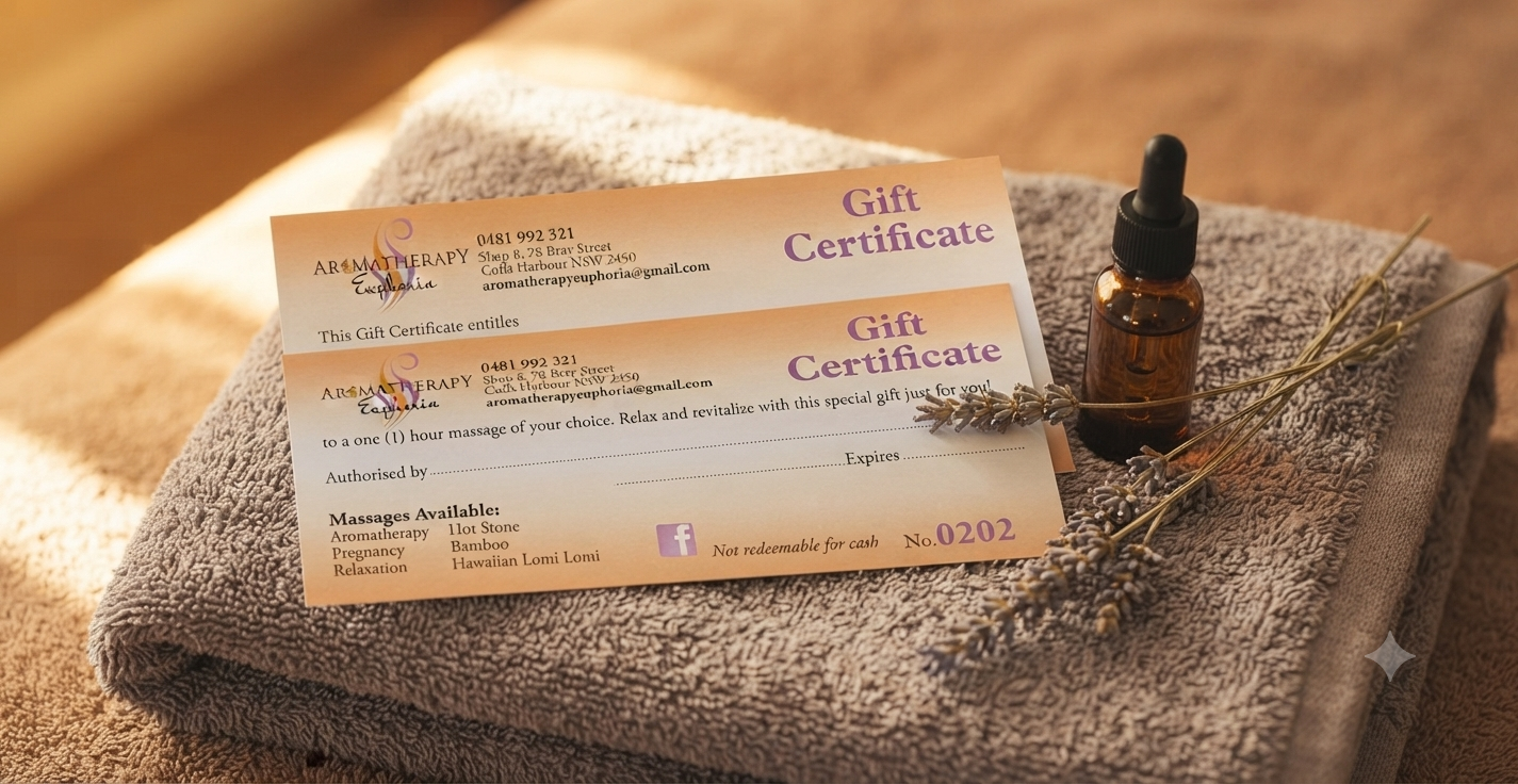 Two gift certificates from aromatherapy euphoria placed on a folded gray towel with a small amber essential oil bottle and sprigs of dried lavender.