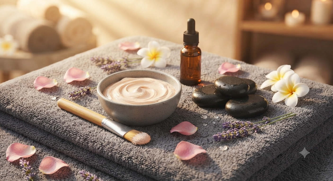 Spa setting with a bowl of cream, black stones, flower petals, a small jar with dropper, and lavender and plumeria flowers on a gray towel.