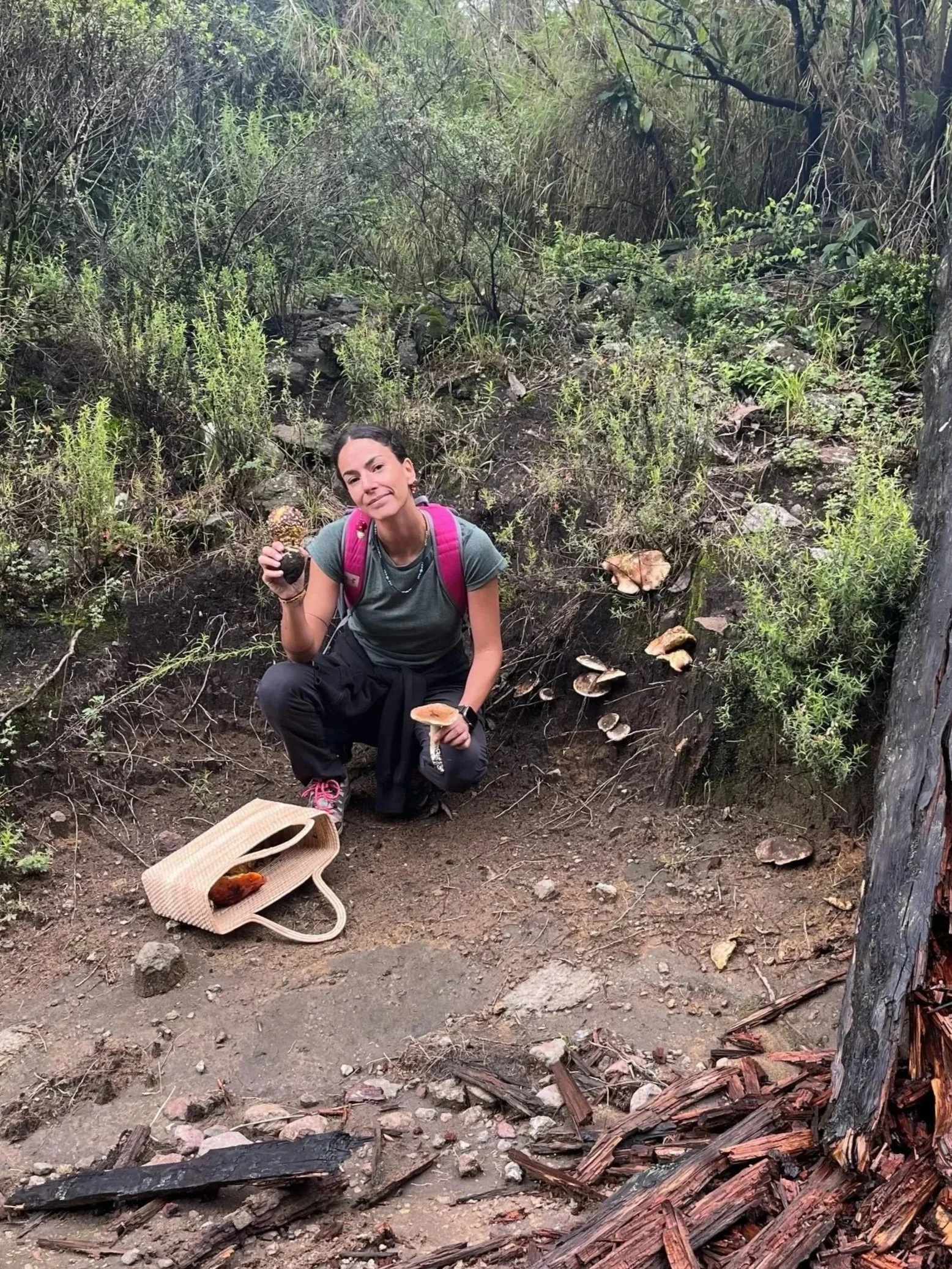 Una mujer con mochila rosa y camiseta gris, recolectando hongos silvestres en el bosque, sosteniendo un hongo en la mano y otro sobre el suelo, con una bolsa de cartón con más hongos frente a ella, en un entorno natural con plantas y árboles.